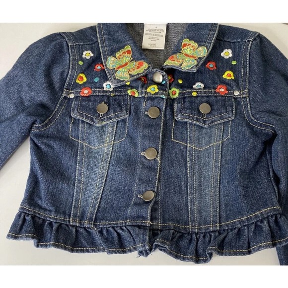 Nannette Kids Dark Wash Floral Butterfly Embroidered Denim Jacket, Sz 6 Ruffles - Picture 5 of 12